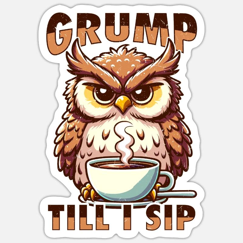 Mürrische Eule Mit Kaffee - Sticker Größe S (10 x 10 cm) - Mattweiß