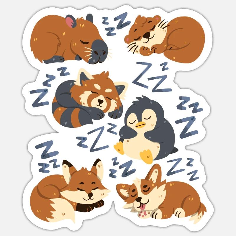 Sleeping animals: capybara, fox, corgi, otter Sticker size S (10 x 10 cm)