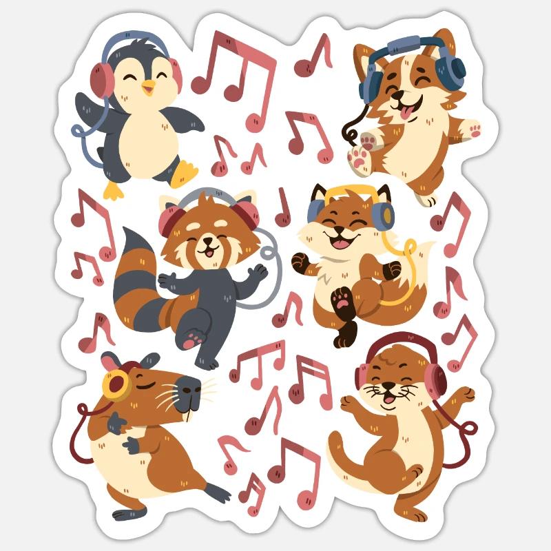 Dancing animals: capybara, fox, corgi, otter Sticker size S (10 x 10 cm)