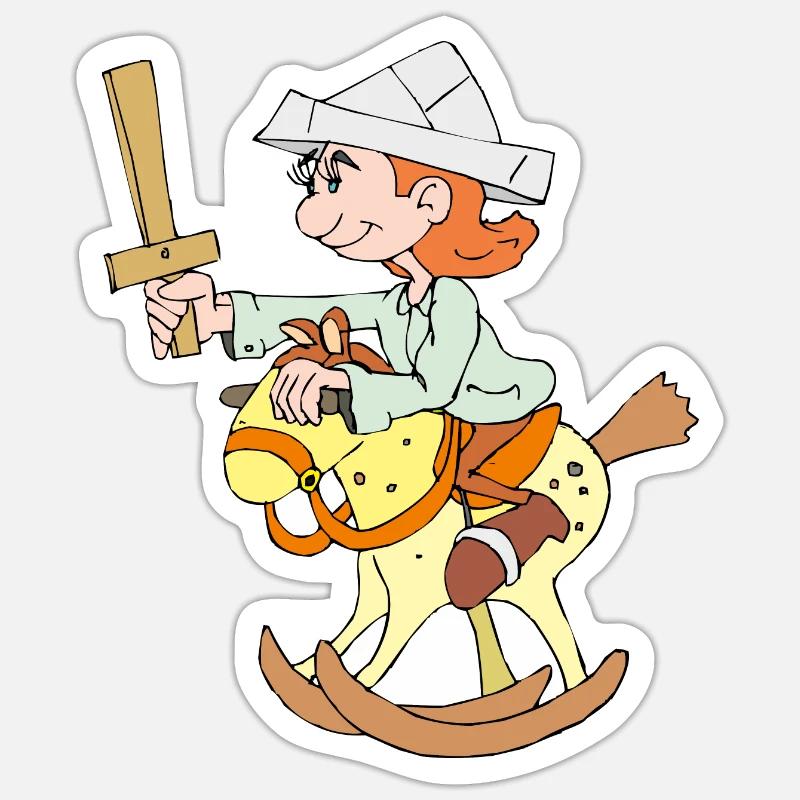 L’enfant monte sur un cheval à bascule Sticker taille S (10 x 10 cm)