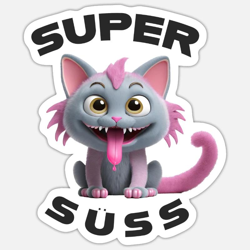 Monstre chat super mignon avec une longue langue - Sticker taille S (10 x 10 cm) - blanc mat