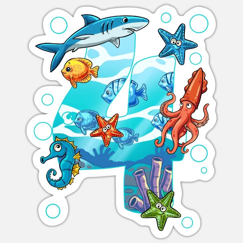 4e anniversaire créatures marines Sticker taille S (10 x 10 cm)