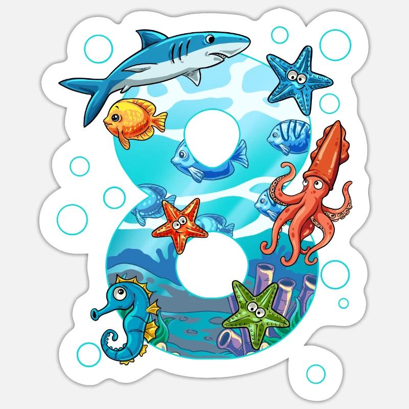 8e anniversaire créatures marines - Sticker taille S (10 x 10 cm) - blanc mat