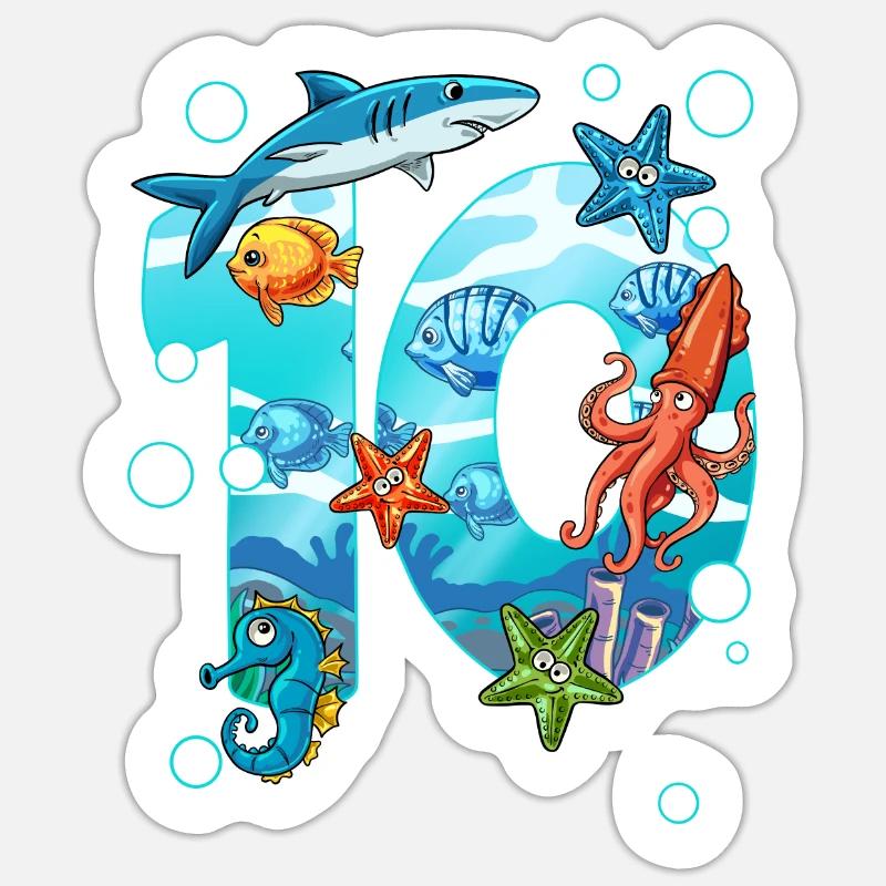 10e anniversaire créatures marines - Sticker taille S (10 x 10 cm) - blanc mat