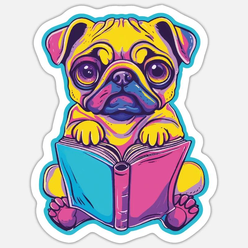 Bunter Mops mit Buch Sticker Größe S (10 x 10 cm)