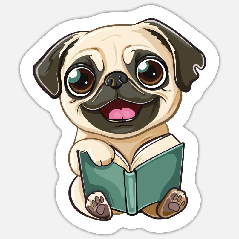 Glücklicher Mops, der ein Buch liest - Sticker Größe S (10 x 10 cm) - Mattweiß