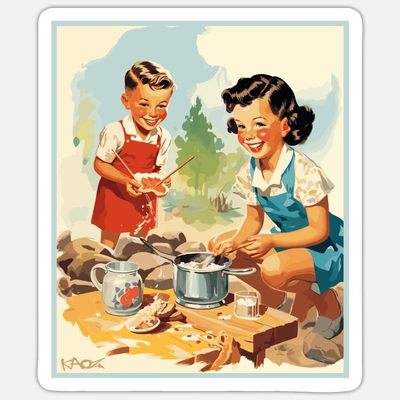 50er Kinder bereiten beim Camping Essen zu - Sticker Größe S (10 x 10 cm) - Mattweiß