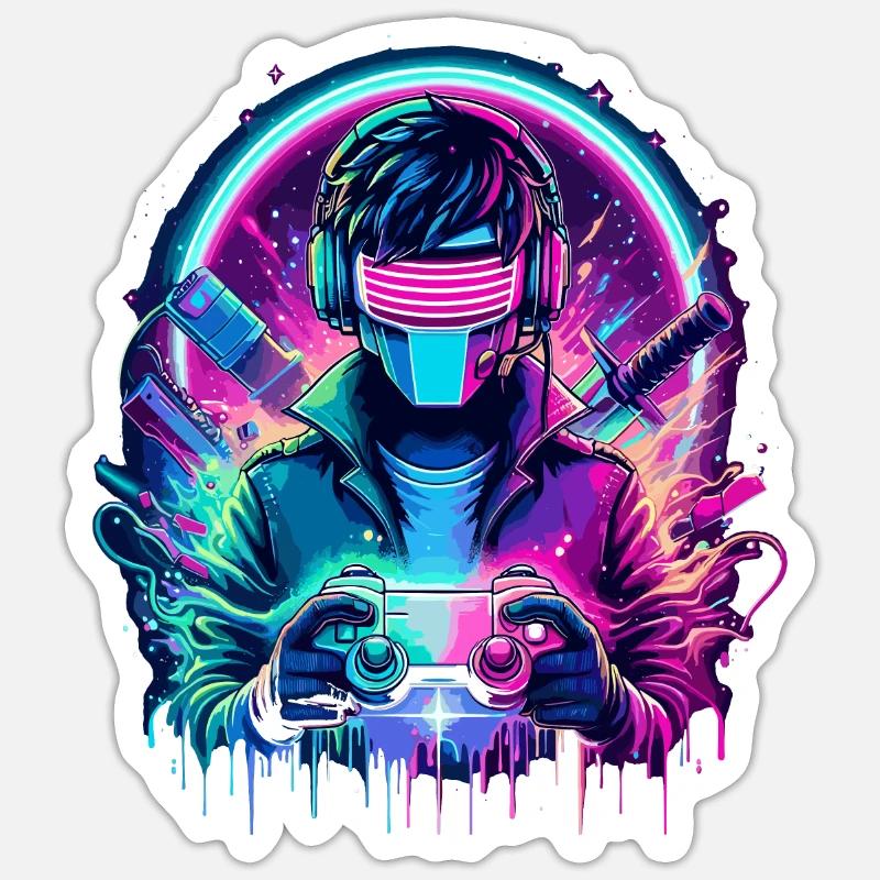 Neon Cyber Controller - Retro Gaming Power - Sticker Größe S (10 x 10 cm) - Mattweiß