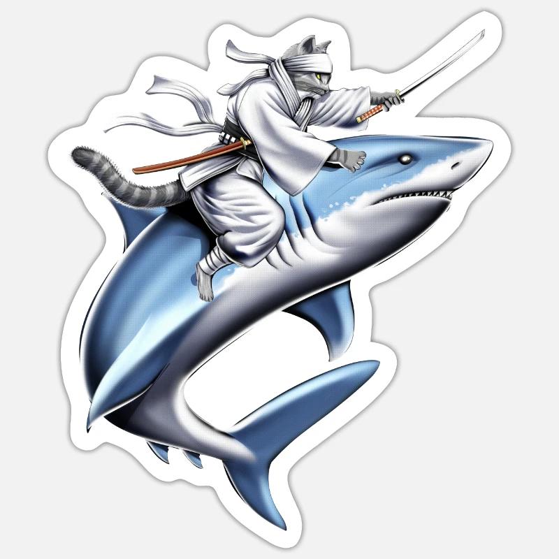 Gatto Ninja Cavalca Squalo - Sticker formato S (10 x 10 cm) - bianco opaco