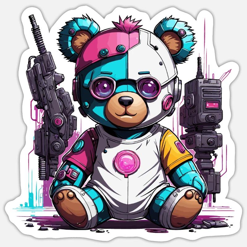 Cyberpunk Teddy Bear Robot - Sticker size S (10 x 10 cm) - white matte