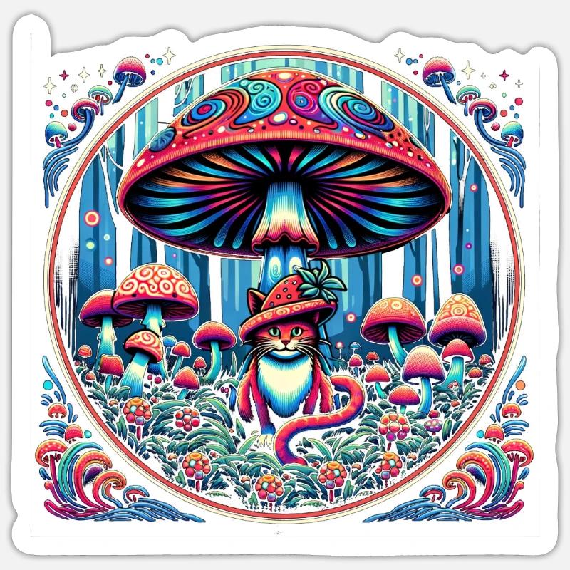 Psychedelic Cat with Magic Mushrooms - Sticker size S (10 x 10 cm) - white matte