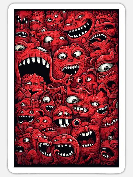 Lustige rote Monster Mischung Wimmelbild - Sticker Größe S (10 x 10 cm) - Mattweiß