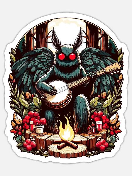 Mothman mit Gitarre - Sticker Größe S (10 x 10 cm) - Mattweiß