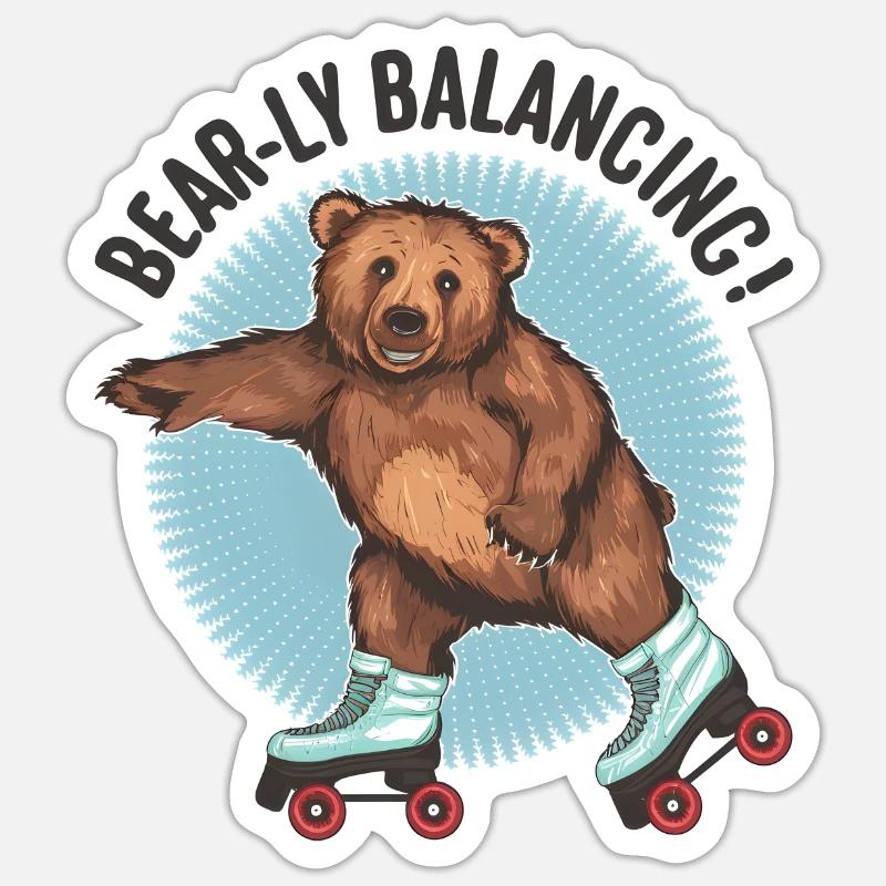 Bear Roller Skating "Bear-ly Balancing!" - Sticker size S (10 x 10 cm) - white matte