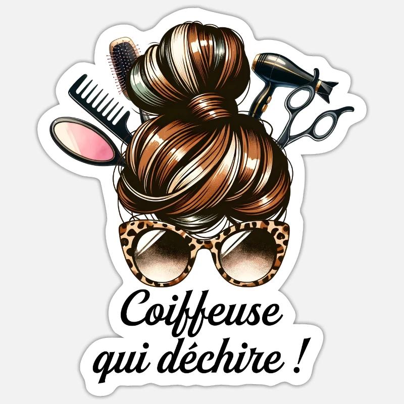 Chignon Coiffeuse Qui Déchire Super Coiffeuse - Sticker taille S (10 x 10 cm) - blanc mat