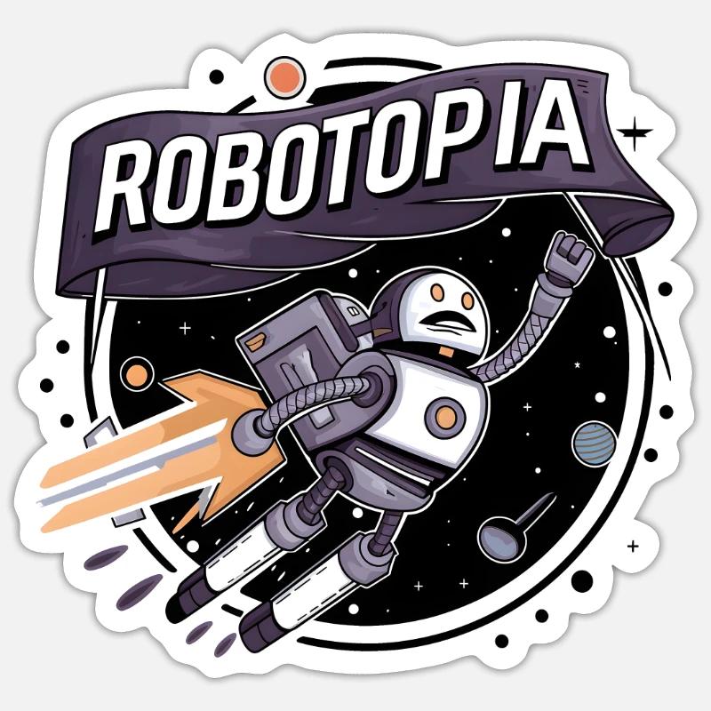 Robotopia drapeau agitant l’espace Jetpack Robot Art Sticker taille S (10 x 10 cm)