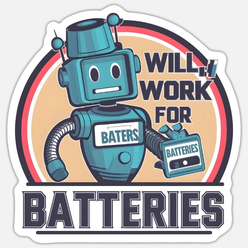 Robot Sign: Will Work for Batteries Digital Design Sticker size S (10 x 10 cm)