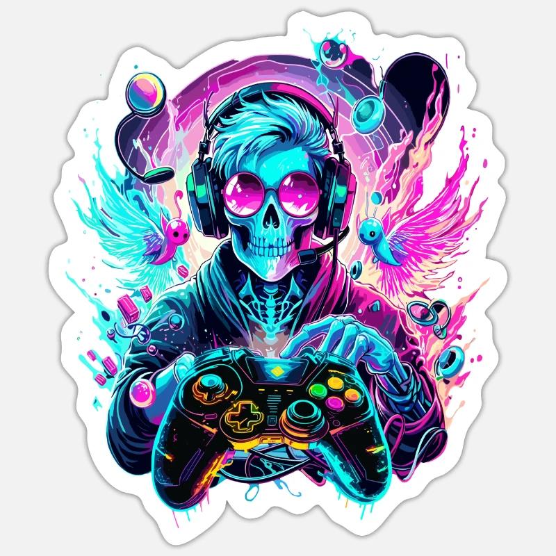 Synthwave Skull Gaming Controller Art - Sticker Größe S (10 x 10 cm) - Mattweiß