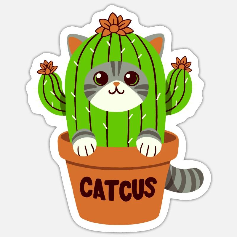 Jeu de mots Cactus chat - Catcus - Sticker taille S (10 x 10 cm) - blanc mat