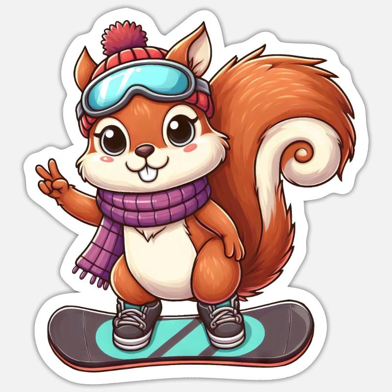 Snowboard Eichhörnchen Winterabenteuer - Sticker Größe S (10 x 10 cm) - Mattweiß