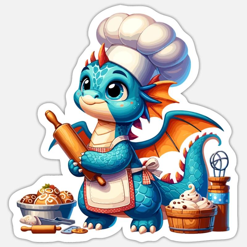 Drachen-Bäcker, Drachen-Konditor, backender Drache Sticker Größe S (10 x 10 cm)