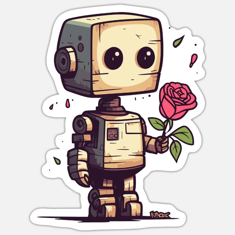 Kleiner Roboter mit einer Rose - Sticker Größe S (10 x 10 cm) - Mattweiß