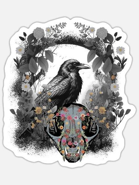 Tier Schädel Krähe Rabe Vogel Halloween Vintage - Sticker Größe S (10 x 10 cm) - Mattweiß