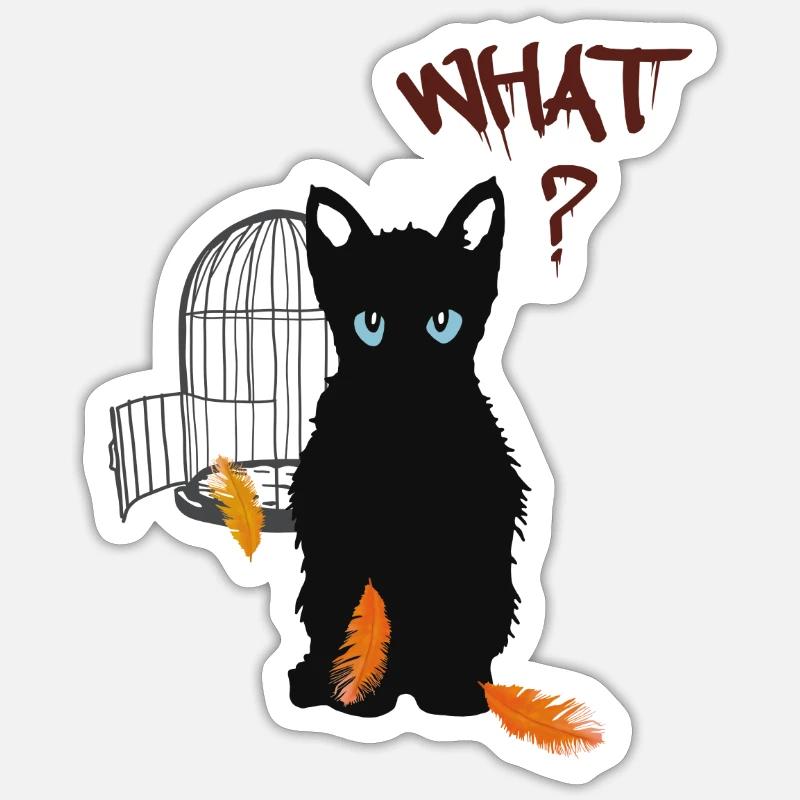 Petit chaton mignon noir et oiseau - Sticker taille S (10 x 10 cm) - blanc mat