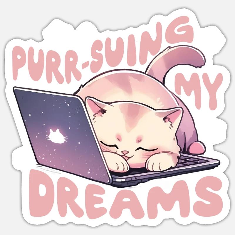 Purr-Suing My Dreams Cat Sleeping on Laptop Coder - Sticker Größe S (10 x 10 cm) - Mattweiß