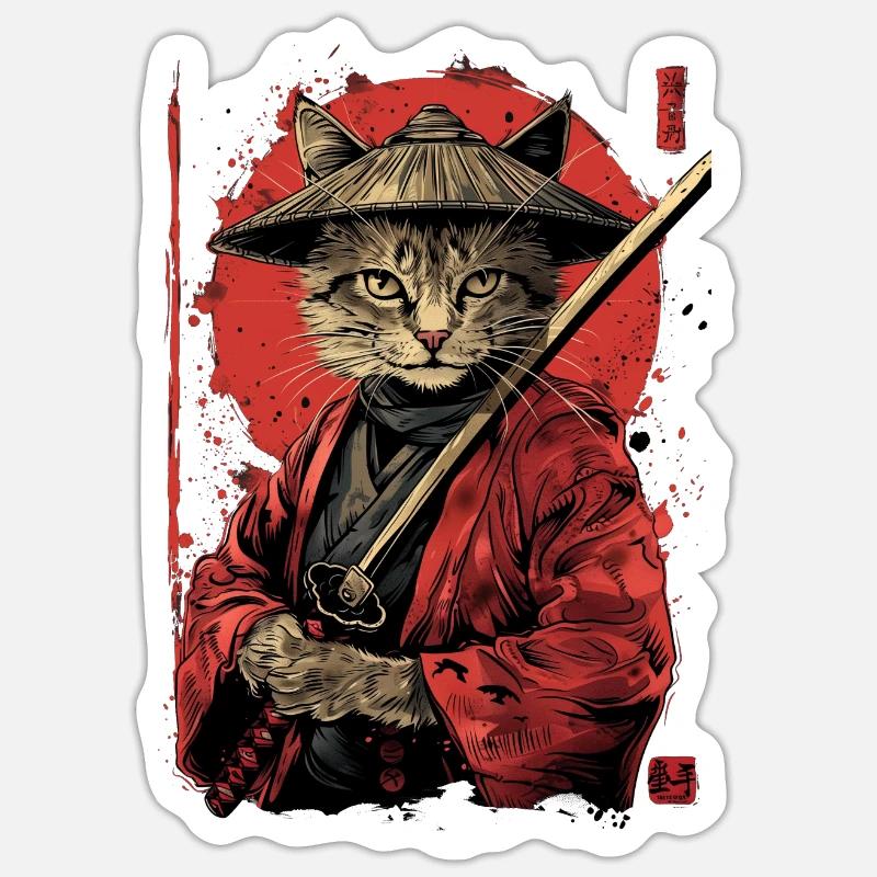 Cat Samurai Funny Gift - Sticker size S (10 x 10 cm) - white matte