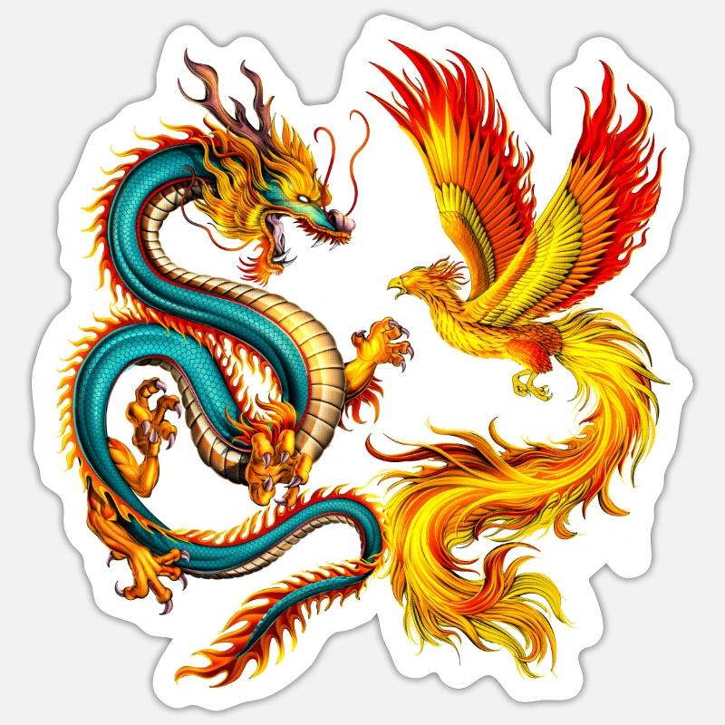 Drache und Phönix - Sticker Größe S (10 x 10 cm) - Mattweiß