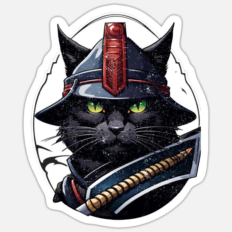 chat ninja - chaton samourai - Sticker taille S (10 x 10 cm) - blanc mat