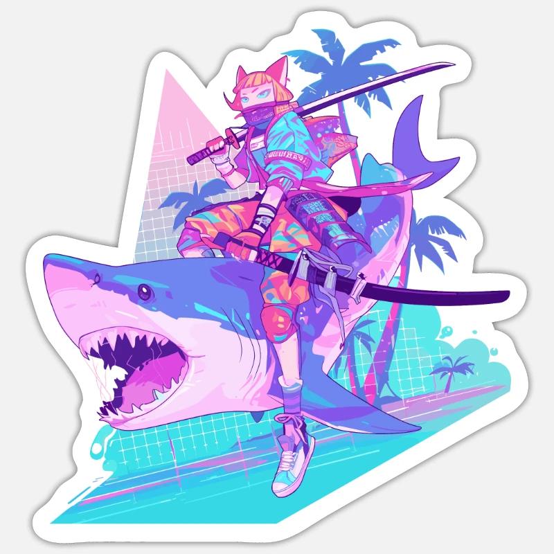 Samurai Cat on a Shark 80s Sticker size S (10 x 10 cm)