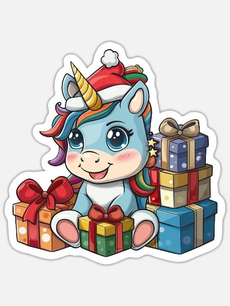 Einhorn-Weihnachts-Kawaii - Sticker Größe S (10 x 10 cm) - Mattweiß