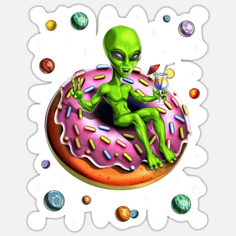 Space Alien Riding Donut - Sticker size S (10 x 10 cm) - white matte
