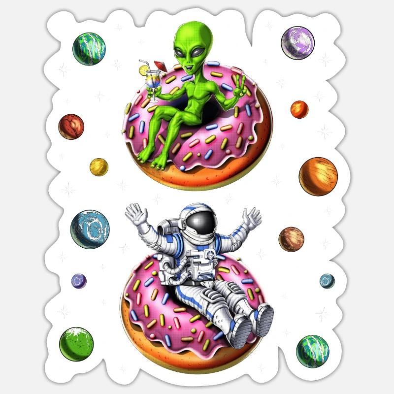 Astronaute Alien Riding Donut - Sticker taille S (10 x 10 cm) - blanc mat
