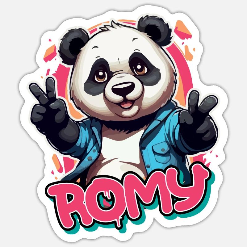 ROMY - Beau nom de fille avec Cool Panda - Sticker taille S (10 x 10 cm) - blanc mat