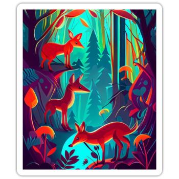 Neon colored: fox family in the forest - Sticker size S (10 x 10 cm) - white matte - Front