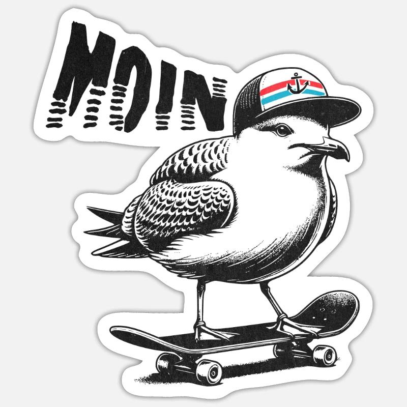 Moin Skater Möwe - Sticker Größe S (10 x 10 cm) - Mattweiß