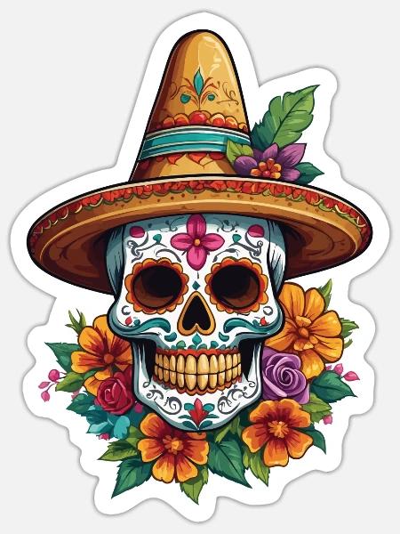 Ikonischer Zuckerschädel Mexiko Skull Streetwear - Sticker Größe S (10 x 10 cm) - Mattweiß
