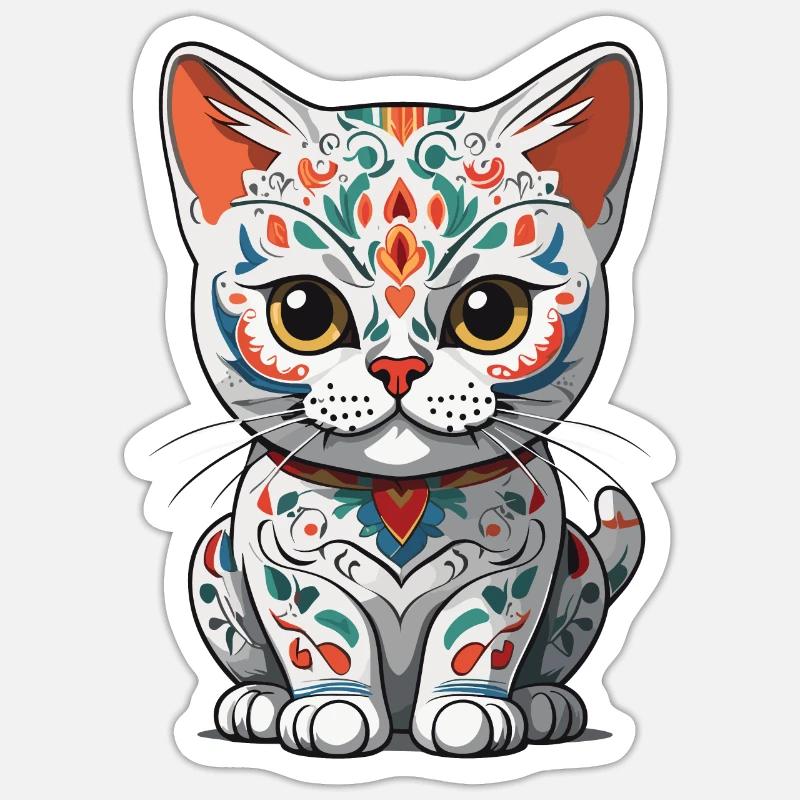 Chat Sugar Skull Mexicain emblématique - Sticker taille S (10 x 10 cm) - blanc mat
