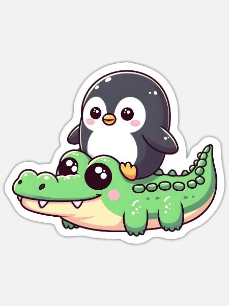 Pinguin auf Krokodil-Safari - Sticker Größe S (10 x 10 cm) - Mattweiß