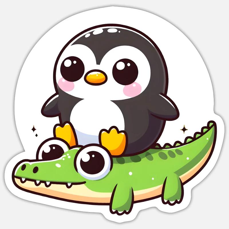 Pingouin sur crocodile - Sticker taille S (10 x 10 cm) - blanc mat