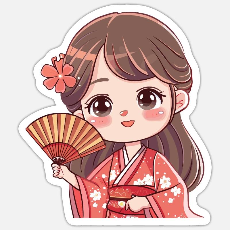 Figurine de Kimono fleur de cerisier mignon - Sticker taille S (10 x 10 cm) - blanc mat