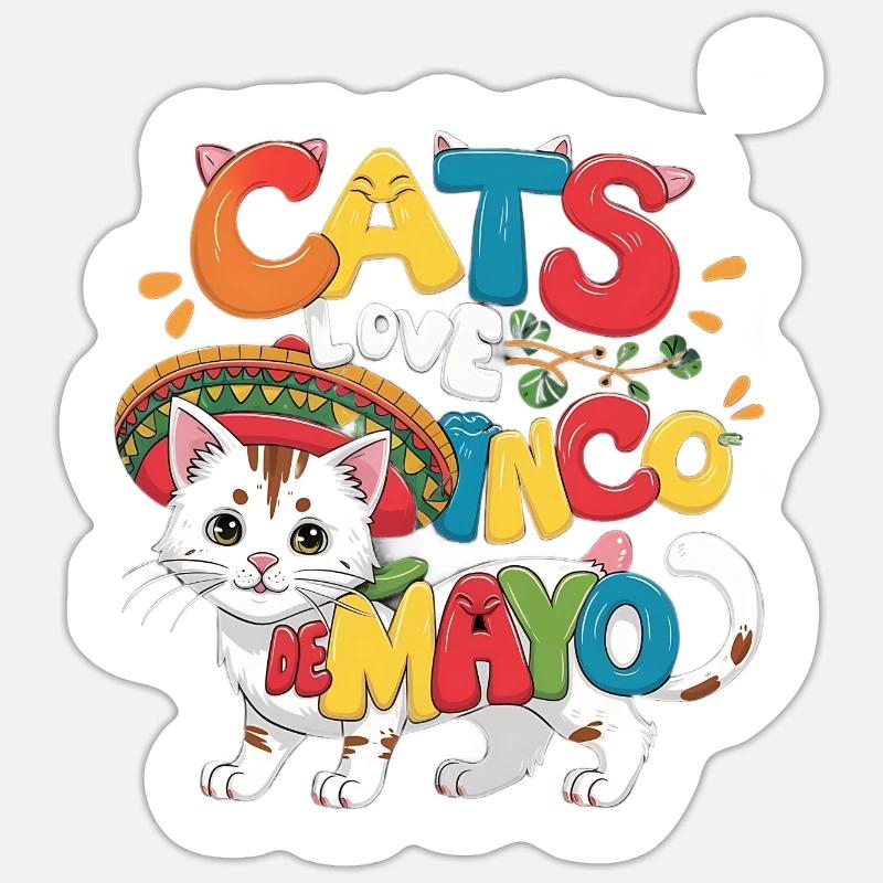 Fiesta Cat sur le thème du Cinco de Mayo - Sticker taille S (10 x 10 cm) - blanc mat