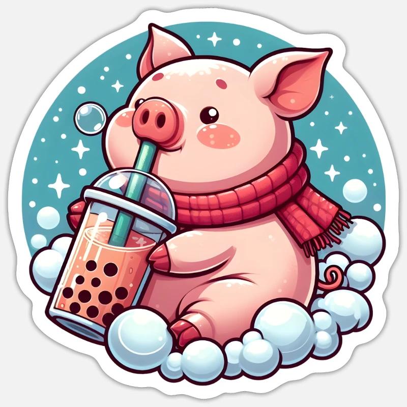 Schwein genießt Bubble Tea - Sticker Größe S (10 x 10 cm) - Mattweiß