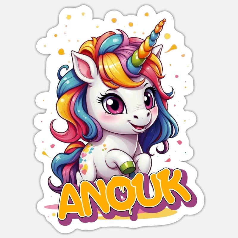 ANOUK - Schöner Mädchen Name mit süßem Einhorn Sticker Größe S (10 x 10 cm)