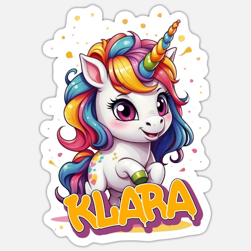 KLARA - Schöner Mädchen Name mit süßem Einhorn - Sticker Größe S (10 x 10 cm) - Mattweiß
