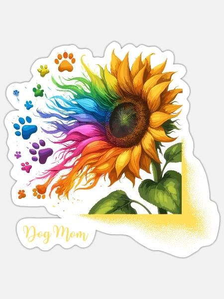 Dog Mom Hund Muttertag Regenbogen Sonnenblume Wau - Sticker Größe S (10 x 10 cm) - Mattweiß