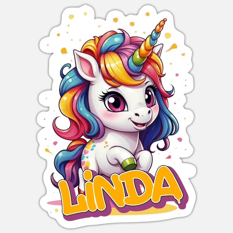 LINDA - Schöner Mädchen Name mit süßem Einhorn Sticker Größe S (10 x 10 cm)